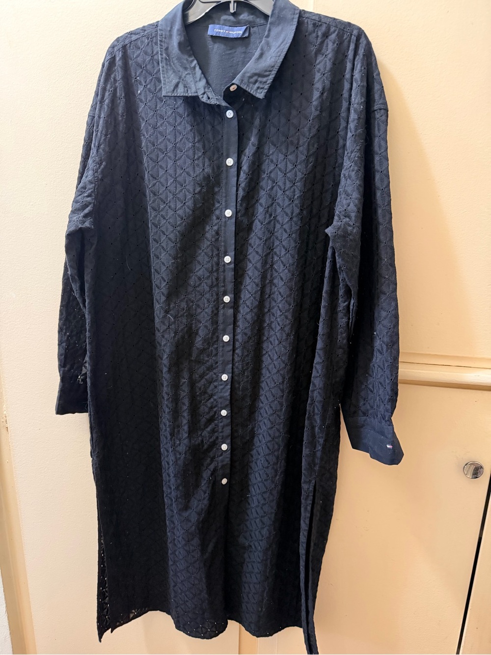 Button-Front Black Eyelet Shirt Dress